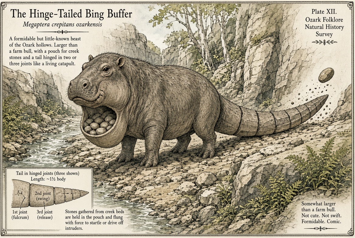 The Hinge-Tailed Bing Buffer, hippo-shaped, chin pouch full of stones, hinged tail flinging a rock