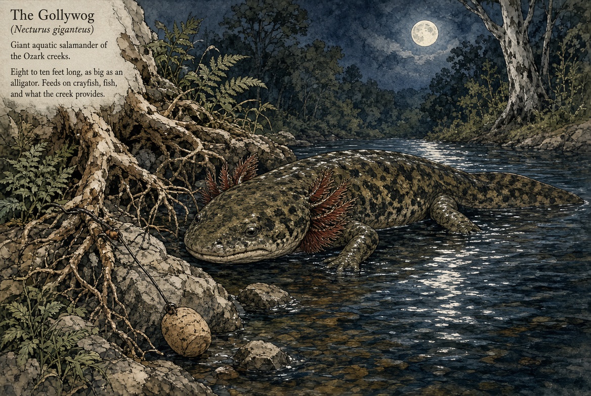 A giant Ozark mudpuppy salamander in a moonlit creek, feathery gills and a broken trotline on the bank
