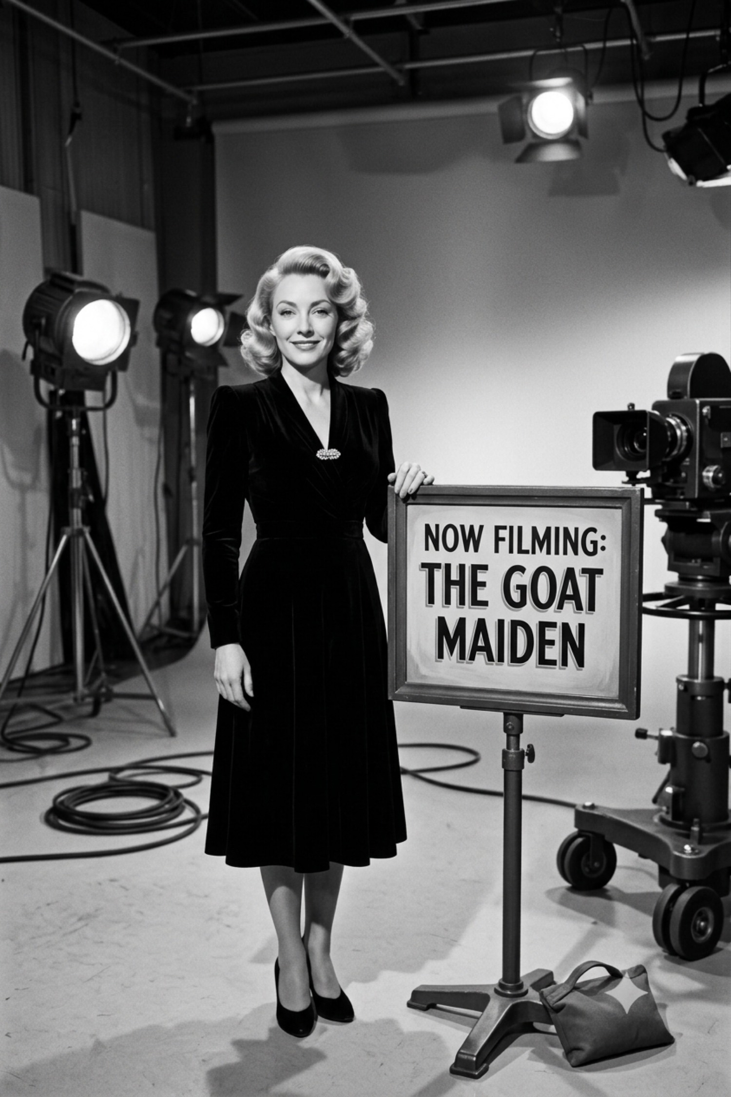 Dolly on a 1930s Hollywood soundstage in a dark velvet dress, standing beside a sign that reads Now Filming: The Goat Maiden