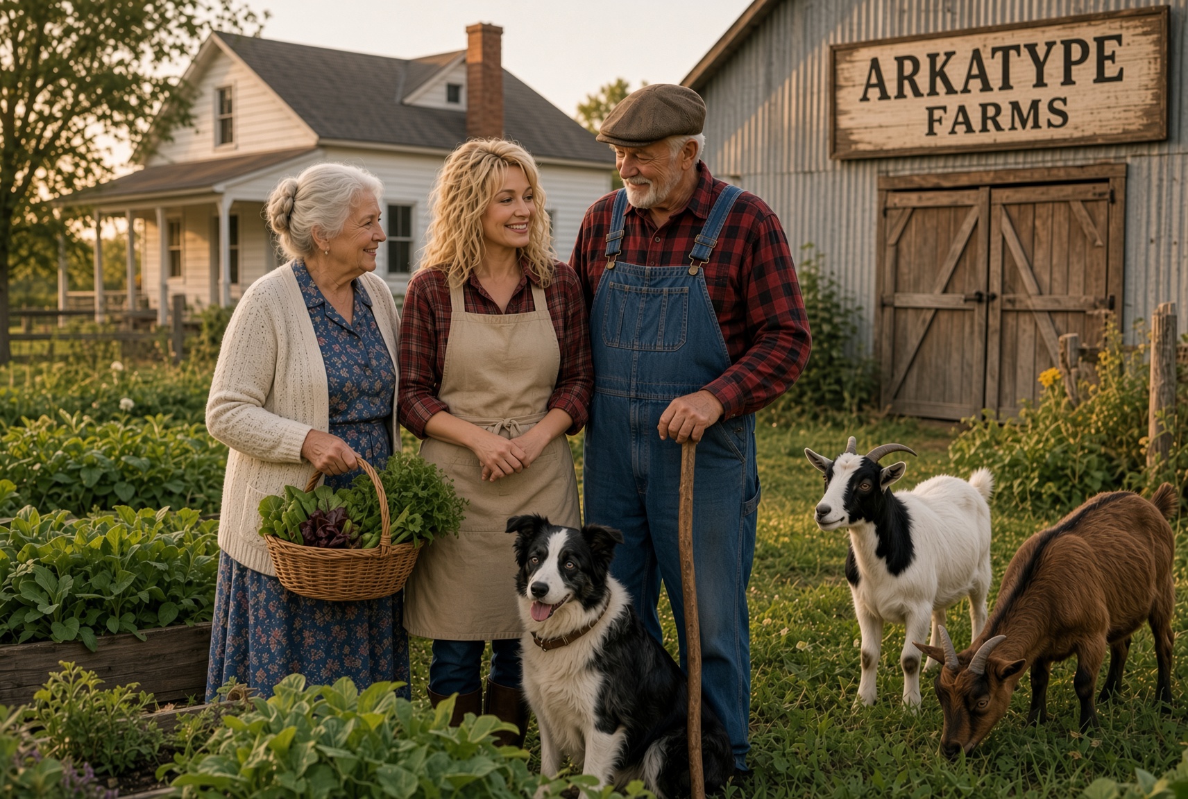 Madge, Dolly, Ira, and Charlotte in the yard by the old white farmhouse and the Arkatype Farms barn