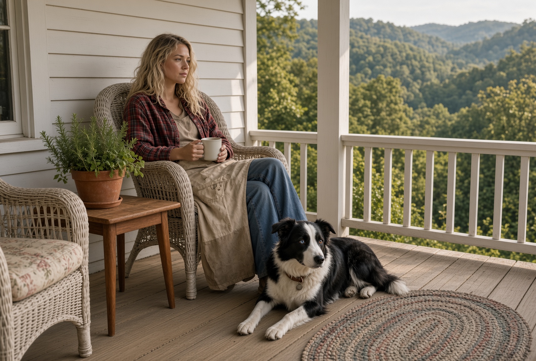Cream wicker porch on the old white farmhouse