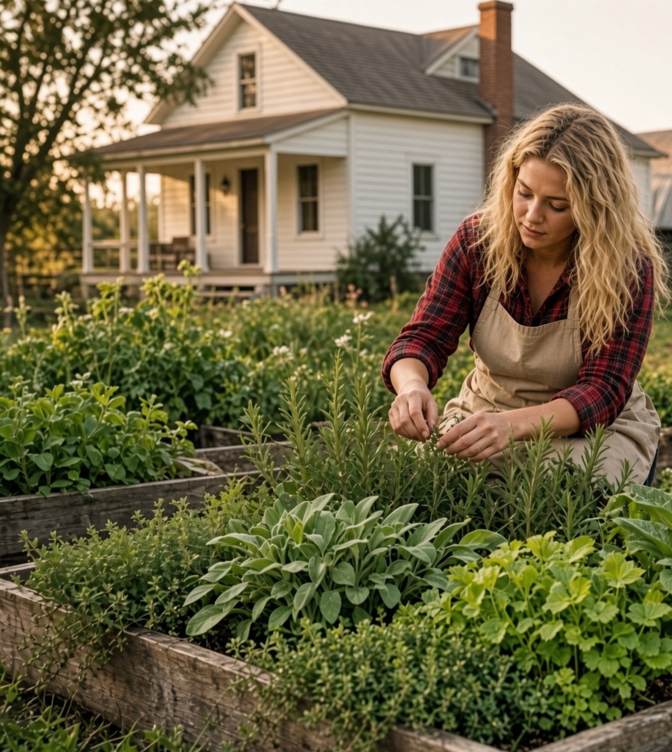 Dolly tending rosemary and sage in the raised beds, old white farmhouse behind