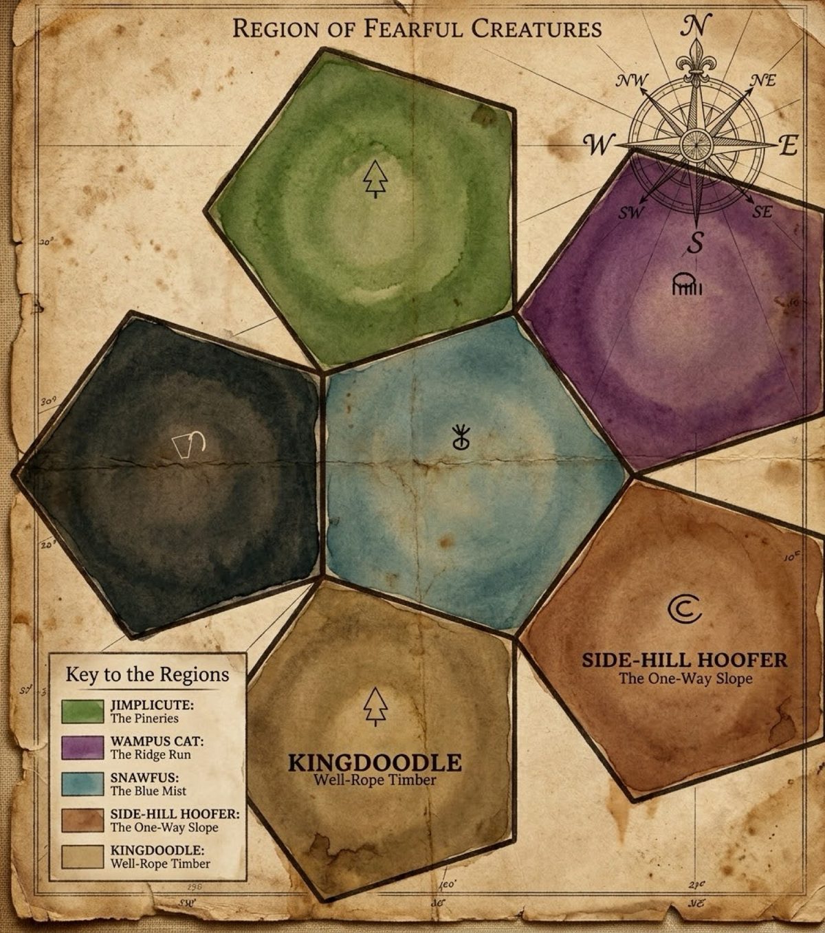 Left flower of the gift: antique watercolor map of the hill countries — Snawfus, Jimplicute, Hidebehind, Kingdoodle, Side-Hill Hoofer, Wampus Cat