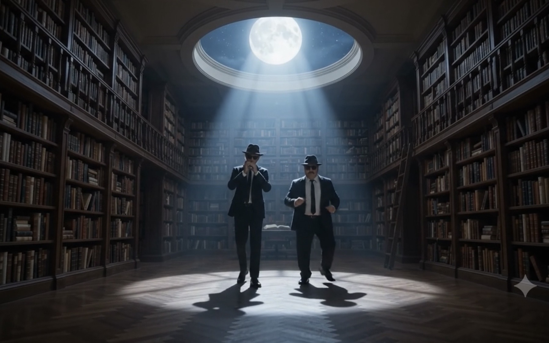 Jake and Elwood dancing under a circular library skylight with a full moon above the stacks