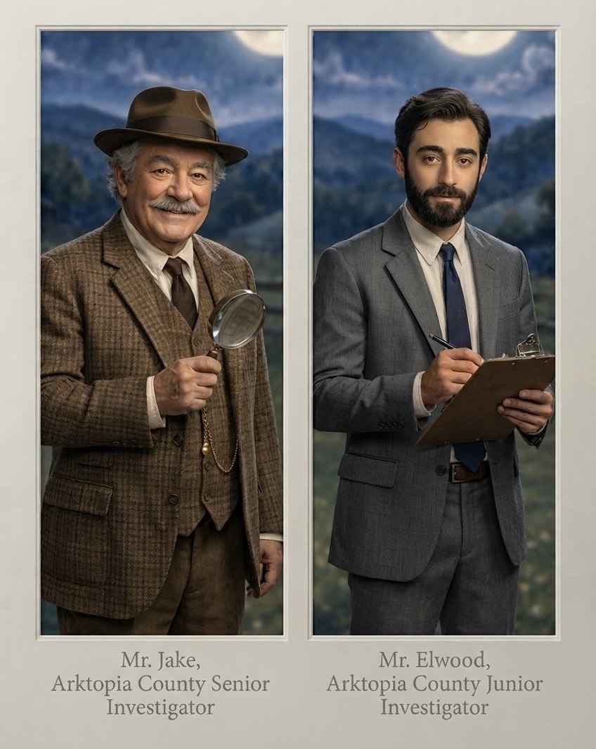 Official county portraits of Mr. Jake, Senior Investigator, in tweed with a magnifying glass, and Mr. Elwood, Junior Investigator, in a grey suit with a clipboard, under a moonlit Ozark ridge