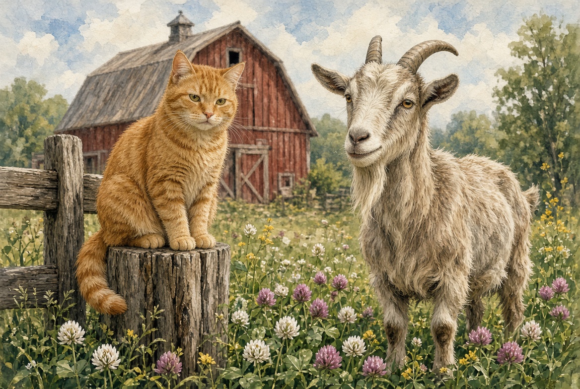 Ocean the ginger barn cat and Eudora the eldest goat