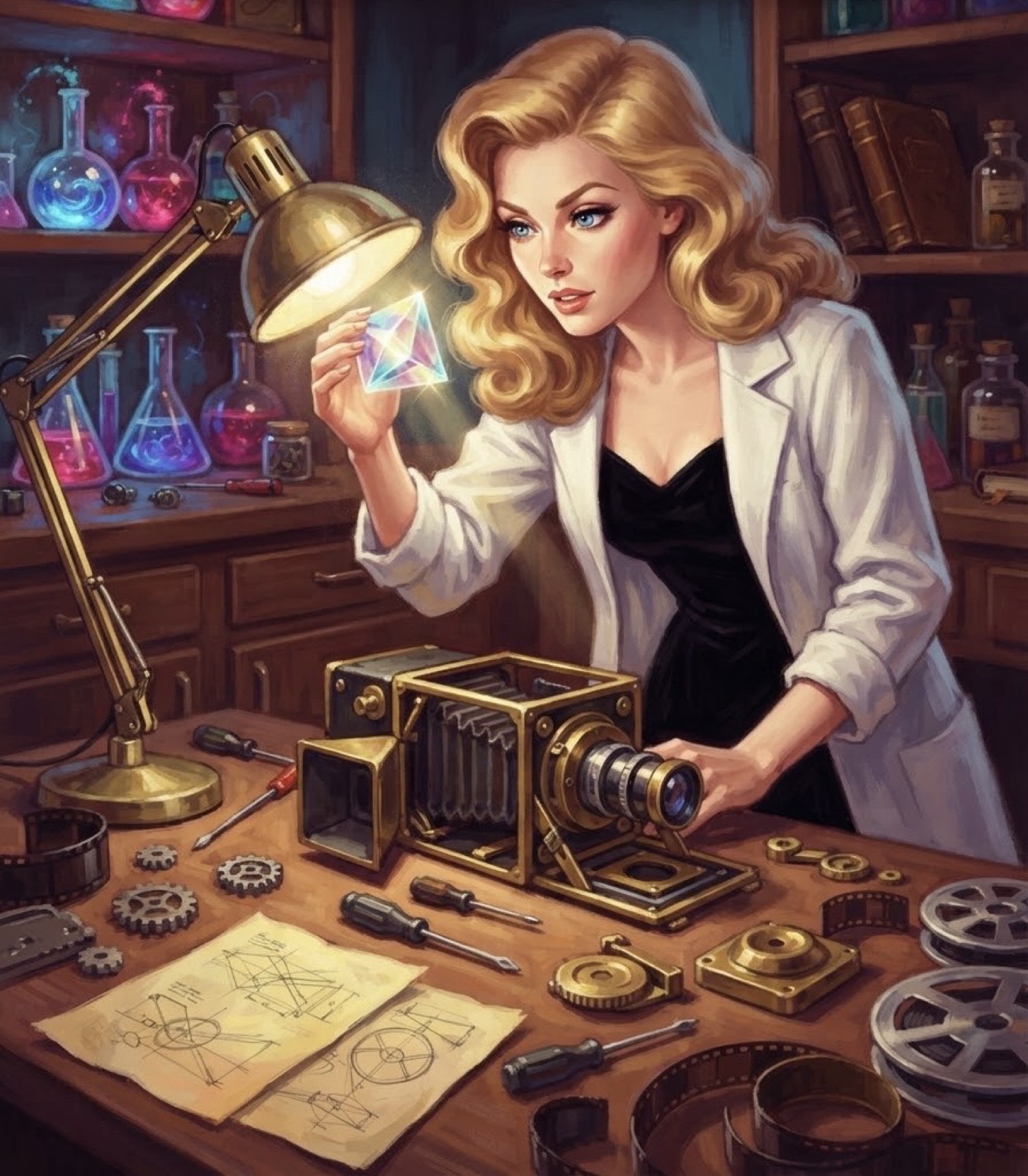 Dolly in a lab coat building a secret color camera from future parts under a brass lamp