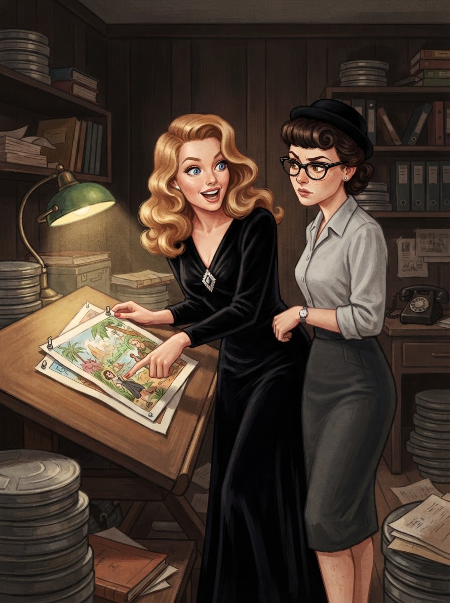 Dolly showing Margot color storyboards in a 1931 studio office