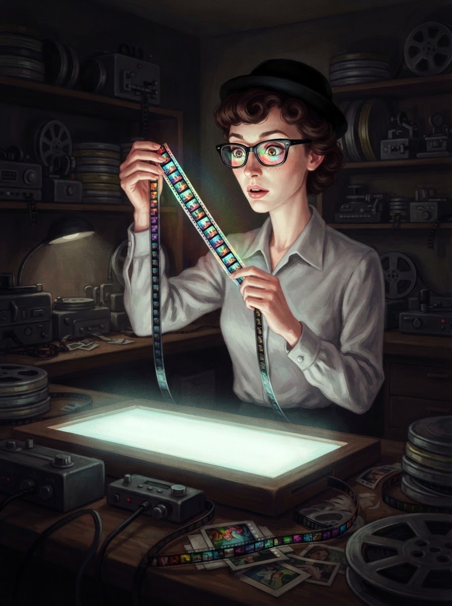 Margot holding a strip of color film over a light table, the frames glowing in her glasses