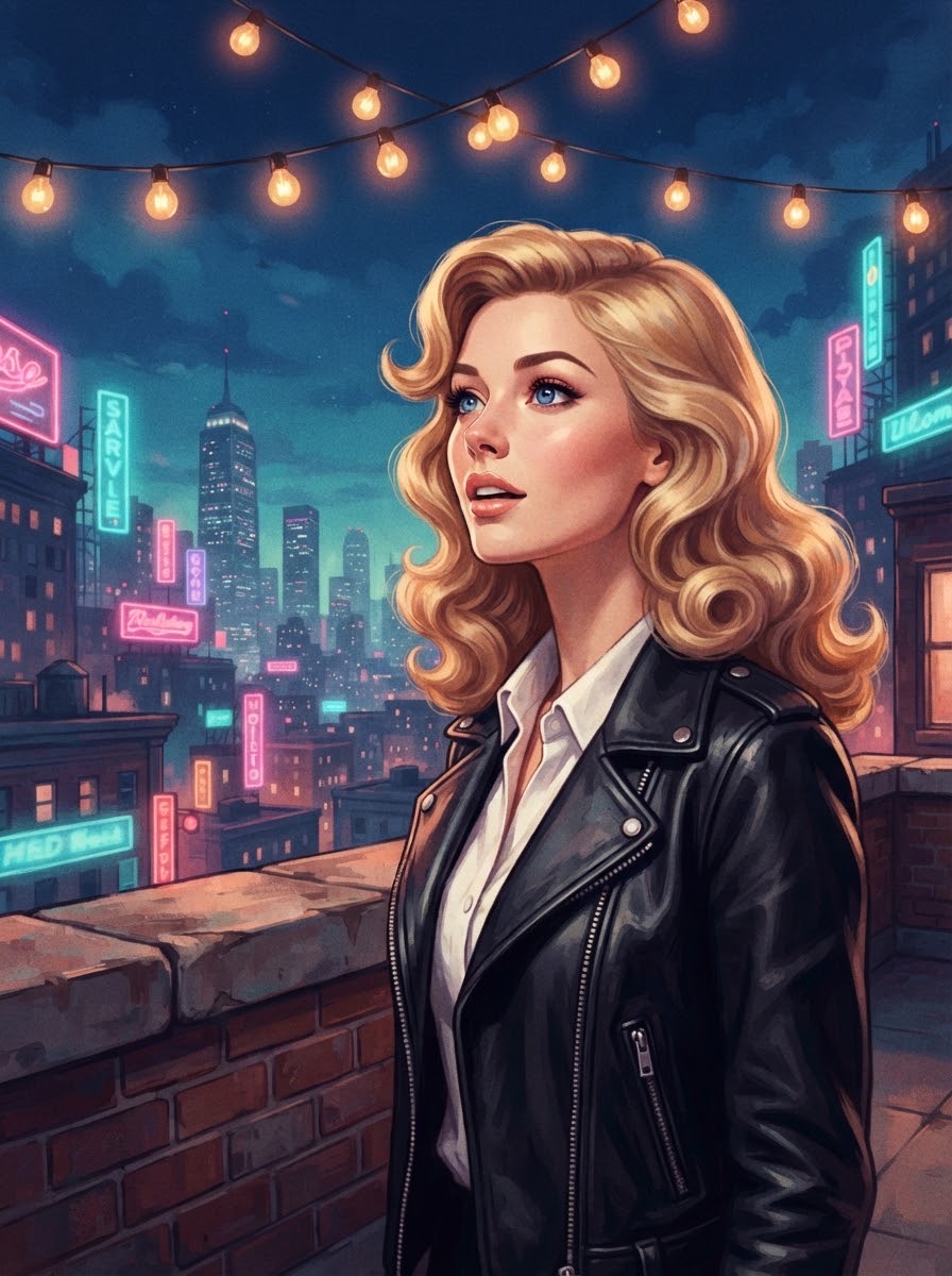 Dolly in a leather jacket on a neon rooftop in the twenty-first century