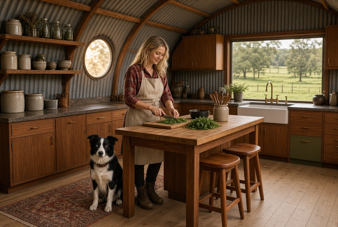 Walnut Quonset kitchen with olive cabinet and apron sink