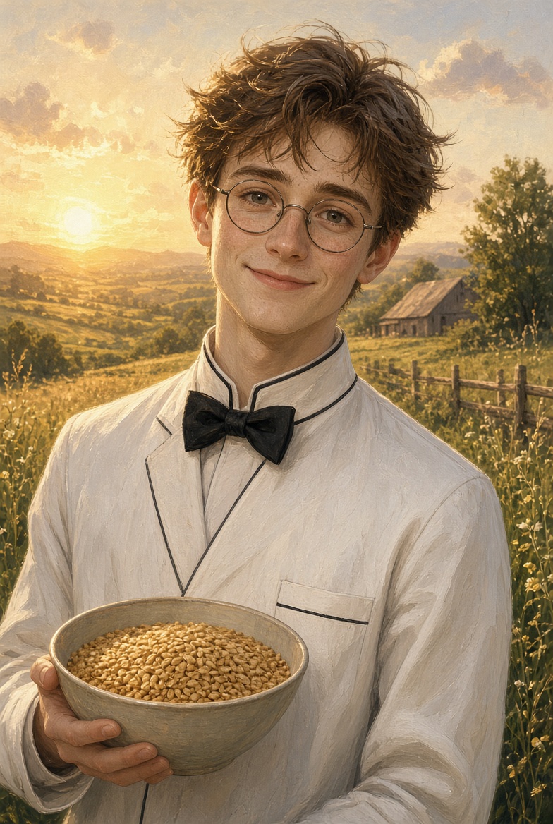 Sterling in a white waiter jacket holding a bowl of grain