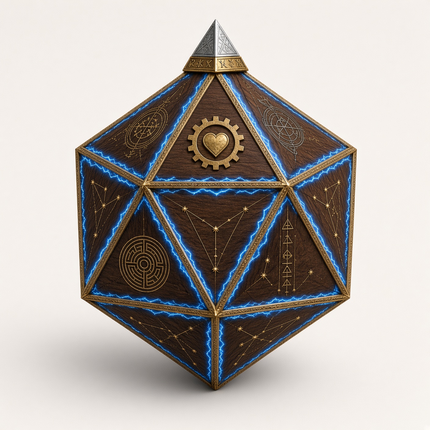 The gift as an icosahedron: twenty triangular wood-and-brass faces, gold filigree, blue lightning along the seams, a heart-gear at the center